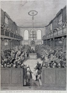 التصميم الداخلي لمجلس العموم في لندن عام 1760 بواسطة فنان غير معروف