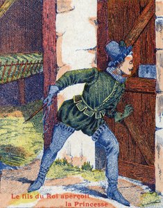رأى نجل الملك الأميرة. رسم توضيحي لحكاية "جلد الحمار" للكاتب الفرنسي تشارلز بيرولت (1628-1703). الصور مارسيل فاني ، جارفيل نانسي ، بدون تاريخ (أواخر القرن التاسع عشر). بواسطة فنان غير معروف