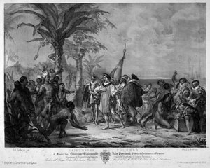 إنزال كريستوفر كولومبوس في سان سلفادور (جزر الباهاما) بتاريخ 12/10/1492. نقش القرن التاسع عشر. بواسطة فنان غير معروف