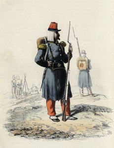 المشاة الخفيفة للجيش الفرنسي أثناء رحلة الجزائر الاستكشافية عام 1830 ، في "" L'Algerie ancienne et moderne "بقلم ليون غاليبرت بواسطة فنان غير معروف