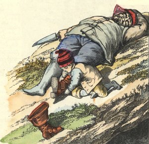 الحقيبة الصغيرة تسرق الأحذية من 7 أماكن من الغول النائم. رسم توضيحي لحكاية "Le Pepetit Poucet" للكاتب تشارلز بيرولت بواسطة فنان غير معروف