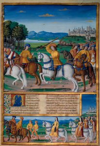 The madness of Charles VI (1368 - 1422). On 5 August 1392, in the forest of Le Mans, he began to experience attacks of furious madness: screaming for treason, he attacked his own troop and killed four people. Chronicles of Enguerrand de Monstrelet (v. 1400 بواسطة فنان غير معروف