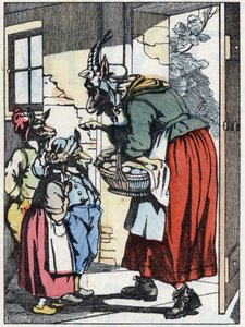 الماعز الأم تغادر للمشي وتحذرها من الأكواخ. رسم توضيحي لحكاية "Compere le Loup، Maitre Renard، Comere la Chevre et ses petits biquets" بعد حكاية جان دو لا فونتين. في "" حكايات من المنزل للصغار "". مجهول ه بواسطة فنان غير معروف