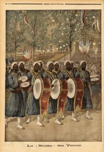 نوبة تركوس الجزائر يسيرون في شوارع باريس. نقش في "" مجلة Le petit "" 25/10/1896. مجموعة سيلفا. بواسطة فنان غير معروف