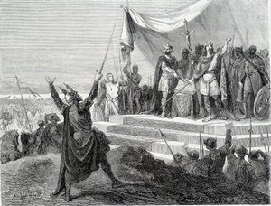 قسم الأخوين أمام درعهما: تشارلز الثاني الأصلع ولويس الثاني الجرماني يقسمان على لوثير الأول (قسم ستراسبورغ 842). نقش القرن التاسع عشر. بواسطة فنان غير معروف