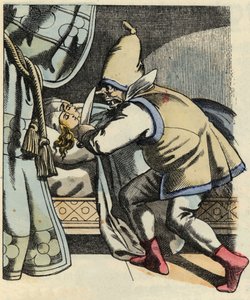 يقطع الغول رأس بناته السبع ويفكر في قتل ليتل بوليه وإخوته. رسم توضيحي لحكاية "Le Petite Poucet" لتشارلز بيرولت بواسطة فنان غير معروف