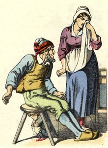 قرر والدا Poucet الصغيرة التخلي عن أطفالهم في الغابة. رسم توضيحي لحكاية "Le Pepetit Poucet" للكاتب تشارلز بيرولت بواسطة فنان غير معروف