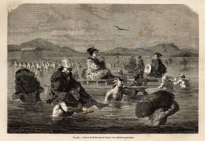مرور gue مع عرض طرق نقل الركاب والأمتعة. نقش لتوضيح الرحلة إلى اليابان ، في ١٨٦٣-١٨٦٤ ، بقلم آيم همبرت ، وزير الاتحاد السويسري ، في "" Le tour du monde، nouveau journal des voyages "" بواسطة فنان غير معروف