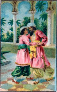 عودة الأمير. حكاية "" تاريخ الحصان المسحور "" في "" ألف ليلة وليلة "" (1001 Nights or Le mille e una notte، Arabian Nights). الطباعة الحجرية الملونة في أواخر القرن التاسع عشر. بواسطة فنان غير معروف