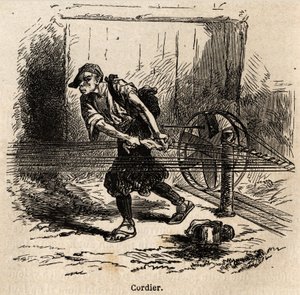 صانع الحبل. نقش لتوضيح الرحلة إلى اليابان في 1863-1864 ، بقلم آيم هامبرت ، وزير الاتحاد السويسري ، في "Le Tour du monde ، nouveau journal des voyages" ، المنشور تحت إشراف إدوارد شارتون بواسطة فنان غير معروف