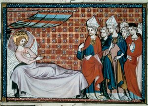 يخاطب ملك فرنسا المريض سانت لويس (لويس التاسع) (1214-1270) أقاربه ورجال الدين. منمنمة من مخطوطة "حياة ومعجزات سانت لويس" لوليام سانت باثوس بواسطة فنان غير معروف