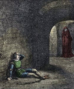 شبح البرج السجين يقيّد في زنزانة يرى شبحًا أمامه. رسم توضيحي لـ "" برج لندن "بقلم ويليام هاريسون أينسوورث في القرن التاسع عشر بواسطة فنان غير معروف