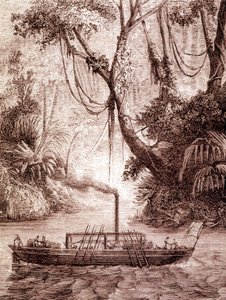 القارب البخاري للمخترع الأمريكي جون فيتش ، على نهر ديلاوير حوالي عام 1791. بواسطة فنان غير معروف