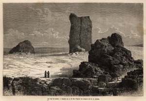 أطلال بيرس نمرود ذات واجهات المحلات ، والتي حددها المجتمع السياحي في بغداد (العراق) في ذلك الوقت ، على أنها برج بابل الأسطوري. نقش لتوضيح الرحلة إلى بابل ، في عام 1866 ، بواسطة غيوم ليجان ، في "Le tour du monde، nouveau j بواسطة فنان غير معروف