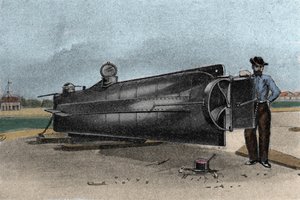 الغواصة (الغواصة) CSS H. L.Hunley التي استخدمتها بحرية الولايات الكونفدرالية خلال حرب الانفصال. 1861-1865 نقش من القرن التاسع عشر بواسطة فنان غير معروف