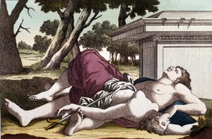 انتحار Pyramus (Pirame) تحت Murier وموت Thisbe. مقتنعًا بأن اللبؤة قد ألقت ثيسبي ، أعطى بيراموس نفسه الموت وغطى الأعراف البيضاء بدمائها. هذا ، يختبئ هربًا من الأسد ، يجد حبه ميتًا ومنتحراً بواسطة فنان غير معروف