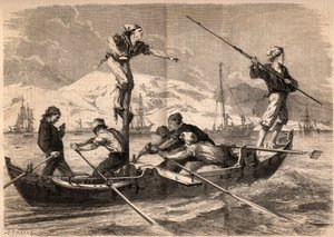 صيد أسماك أبو سيف (pesce spada، swordfish) على ساحل صقلية بإيطاليا عام 1862. نقش في "Le Monde illustrious" من عام 1862. مجموعة خاصة. بواسطة فنان غير معروف