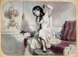 الحمام. امرأة في الحمام بالقرب من حوض الاستحمام الخاص بها على وشك الاستحمام. رسم توضيحي للقرن التاسع عشر. باريس ، الفنون الزخرفية بواسطة فنان غير معروف