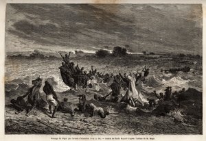 تسبب نقل جيش الملك أحمدو في نهر النيجر خلال موسم الأمطار في حطام العديد من السفن وخسائر كثيرة في الخيول. نقش لتوضيح رحلة الملازم (بحري) ماجى إلى غرب السودان ، في 1863-1866 ، نُشر في "Le tour d". بواسطة فنان غير معروف