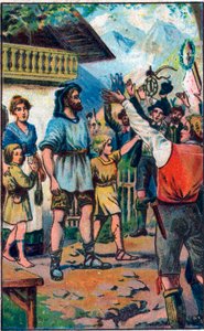 تكريم الكونفدرى إلى Guillaume Tell (William Tell) (الأبطال الأسطوريين لاستقلال سويسرا) Chromolithography في أواخر القرن التاسع عشر. بواسطة فنان غير معروف