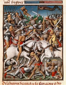 انتصار الإمبراطور البيزنطي هرقل (هيراكليوس (حوالي 575-641) على مصغر سارازين في "" Le miroir historyial "" (Speculum Historiale) (ms. 1196 fol. 65 v.) بواسطة Vincent de Beauvais (1190-1264) ترجم إلى الفرنسية جان دي فيجناي بواسطة فنان غير معروف