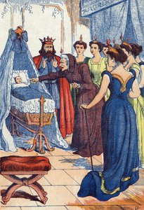 يتوقع الرسم الشرير أن تخترق الأميرة يدها. رسم توضيحي لـ "La belle au bois dormant" ، حكاية تشارلز بيرولت (1628-1703) ، الكاتب الفرنسي. التوضيح مجهول. الصور مارسيل فاني ، جارفيل نانسي ، بدون تاريخ (أواخر القرن التاسع عشر). بواسطة فنان غير معروف
