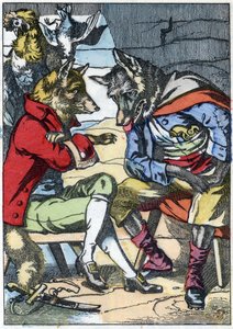 الذئب يلتقي الثعلب مرة أخرى. رسم توضيحي لحكاية "Compere le Loup، Maitre Renard، Comere la Chevre et ses petits biquets" "بعد حكاية جان دو لا فونتين. في "" حكايات من المنزل للصغار "". نقش مجهول من القرن التاسع عشر. بواسطة فنان غير معروف