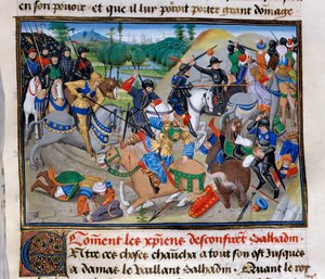 الحملة الصليبية الثالثة: "كيف يؤكد المسيحيون صلاح الدين" صلاح الدين (1138-1193) (صلاح الدين يوسف الأيوبي (الأيوبي) هُزمت من قبل الحروب الصليبية حوالي عام 1191. صورة مصغرة من "" Chronicle abregee "" لديفيد أوبير بواسطة فنان غير معروف