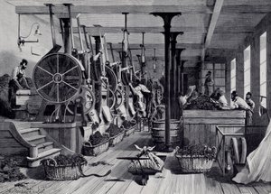 معمل تبغ وغرفه غسيل وتبغ. نقش حوالي عام 1867. باريس ، متحف كارنافالي بواسطة فنان غير معروف