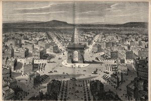 تحولات باريس تحت الإمبراطورية الثانية ، Haussmann Paris: منظر عام لدوار Place de l'Etoile. نقش في "" L'Univers اللامع "" بواسطة فنان غير معروف