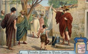 بائع كتب متجول في اليونان القديمة. Chromolithography ، صورة Liebig. بواسطة فنان غير معروف