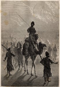 أُخذ سجناء أتراك إلى طهران بغرض مقايضة ضغائنهم أو مبادلة سجناء آخرين. نقش لتوضيح قصة Henri de Blocqueville "14 mois de captivite chez les turcomans" بين عامي 1860 و 1861 ، في "Le tour du mo" بواسطة فنان غير معروف