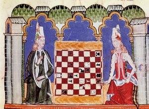 امرأتان تلعبان الشطرنج. صورة مصغرة من مخطوطة "Libro de los juegos" لألفونسو إكس ذا وايز أو سافانت (بالإسبانية ، ألفونسو إكس إل سابيو بواسطة فنان غير معروف