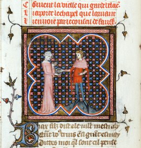 "" شاب وامرأة عجوز "" صفحة مضيئة من مخطوطة "Le Roman de la Rose" بقلم Guillaume de Lorris (حوالي 1200-1238) وجان دي مون (Meung) (1240-1305) حوالي 1353 سويسرا Bibliotheque de Geneve بواسطة فنان غير معروف