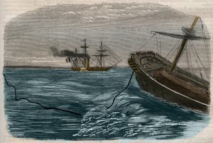 خطوط التلغراف تحت الماء: مد كبل بحري (غواصة) نقش 1857. بواسطة فنان غير معروف