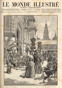 المعرض العالمي 1889 - جنود من السكان الأصليين أمام الجناح الاستعماري (Esplanade des Invalides). غلاف “Le Monde Illustré” ”من 06/01/1889. بواسطة فنان غير معروف