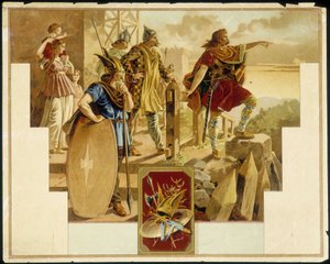 Vercingétorix محاطًا بالإغريق والمحاربين والنساء والأطفال - الطباعة الحجرية الملونة بواسطة فنان غير معروف