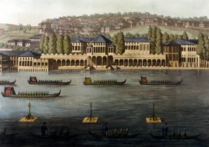 منظر للقسطنطينية ، أحد مساكن السلطان على طول مضيق البوسفور. القرن ال 19. بواسطة فنان غير معروف