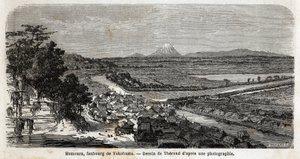 View of Homoura, suburb of Yokohama, with Mount Fuji in the background. Engraving to illustrate the voyage to Japan in 1863-1864, by Aime Humbert, minister of the Swiss Confederation, in “Le tour du monde, nouveau journal des voyages”, published under the  بواسطة فنان غير معروف