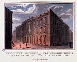 منظر لقصر الأمير ليختنشتاين في فيينا ، النمسا. نقش من مجموعة خاصة 1820 بواسطة فنان غير معروف