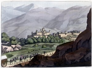 منظر للإسكوريال (إسكوريال) وقصر ودير إسبانيا ، تم بناؤه في عهد فيليب الثاني بين عامي 1563 و 1584. مطبوعة حجرية من القرن التاسع عشر. بواسطة فنان غير معروف