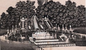 منظر للشلال الكبير في حديقة Saint-Cloud (Saint-Cloud) ، فرنسا. في "" العالم يوضح 168 مشاهدة "" غير مؤرخ (نهاية القرن التاسع عشر) بواسطة فنان غير معروف