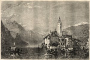 منظر لدير Mater Ecclesiae في جزيرة Saint Jules (Saint Jules) (San Giulio) على بحيرة Orta (بحيرة Cusio) في إيطاليا. نقش على لوحة رسمها ويليام كولينجوود سميث (1815-1887). في "The Illustrated London News" عدد 22 مارس بواسطة فنان غير معروف