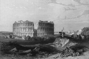 منظر لأطلال مدرج جم في الجزائر في القرن التاسع عشر ، في "" L'Algerie ancienne et moderne "بقلم ليون غاليبرت بواسطة فنان غير معروف