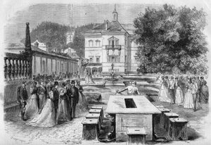 زيارة الإمبراطور فرانسوا جوزيف (1830-1916) وإمبراطورة النمسا إليزابيث (سيسي) (1837-1898) مع أوجيني (1826-1920) ، إمبراطورة الفرنسيين ونابليون الثالث إلى المقر الإمبراطوري لهيلبرون في النمسا في 21 أغسطس بواسطة فنان غير معروف