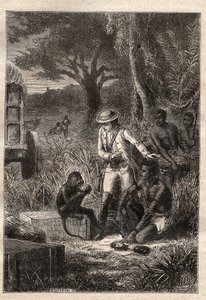 رحلة دانس لا كافريري (جنوب إفريقيا) (1781) بقلم فرانسوا ليفايان (لو فيلان) (1753-1824): ليفايان وقرده ديغوستاتور مايتري كيس ، الذي يتذوق الفاكهة والجذور من أجل التحقق من أنها صالحة للأكل - رسم توضيحي مأخوذ من "" ليه جرا بواسطة فنان غير معروف