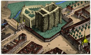 منظر عين الطائر للباستيل عام 1553 ، نقش القرن التاسع عشر بواسطة فنان غير معروف