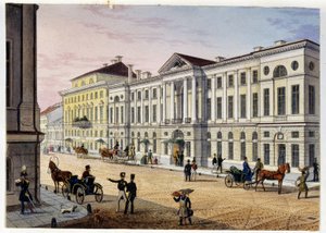 منظر خارجي لـ Hotel des Postes de Saint Petersburg (Album de Marie Taglioni) (فندق Post في سانت بطرسبرغ (ألبوم ماري تاجليوني). نقش مجهول وألوان مائية ، 1840. موسكو ، متحف الدولة لـ AS بوشكين. بواسطة فنان غير معروف