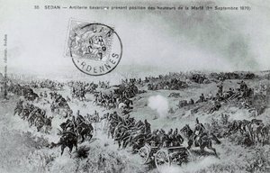 حرب 1870: المدفعية البافارية تتخذ مواقعها من مرتفعات مارفي في آردين في 1870/9/1 م. نقش من عام 1870 بواسطة فنان غير معروف