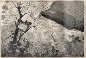 حرب 1870: نزول الكرة "أرماند باربيس" مع ليون غامبيتا (1838-1882) على ظهرها في 7 أكتوبر 1870 - نقش في "La Science francaise" بواسطة فنان غير معروف